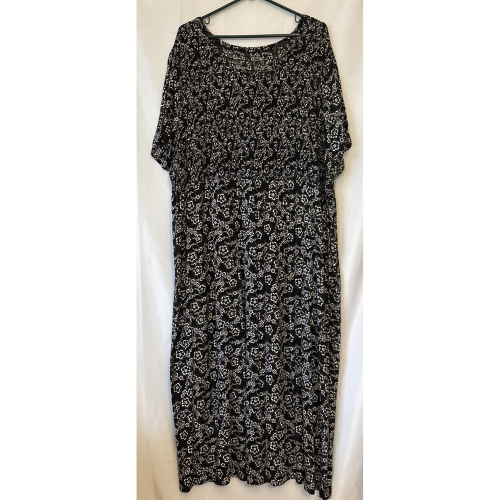Paisley Smocked Maxi Dress Black/White Short Sleeve 2-3X Boho‎ Beach Romantic
